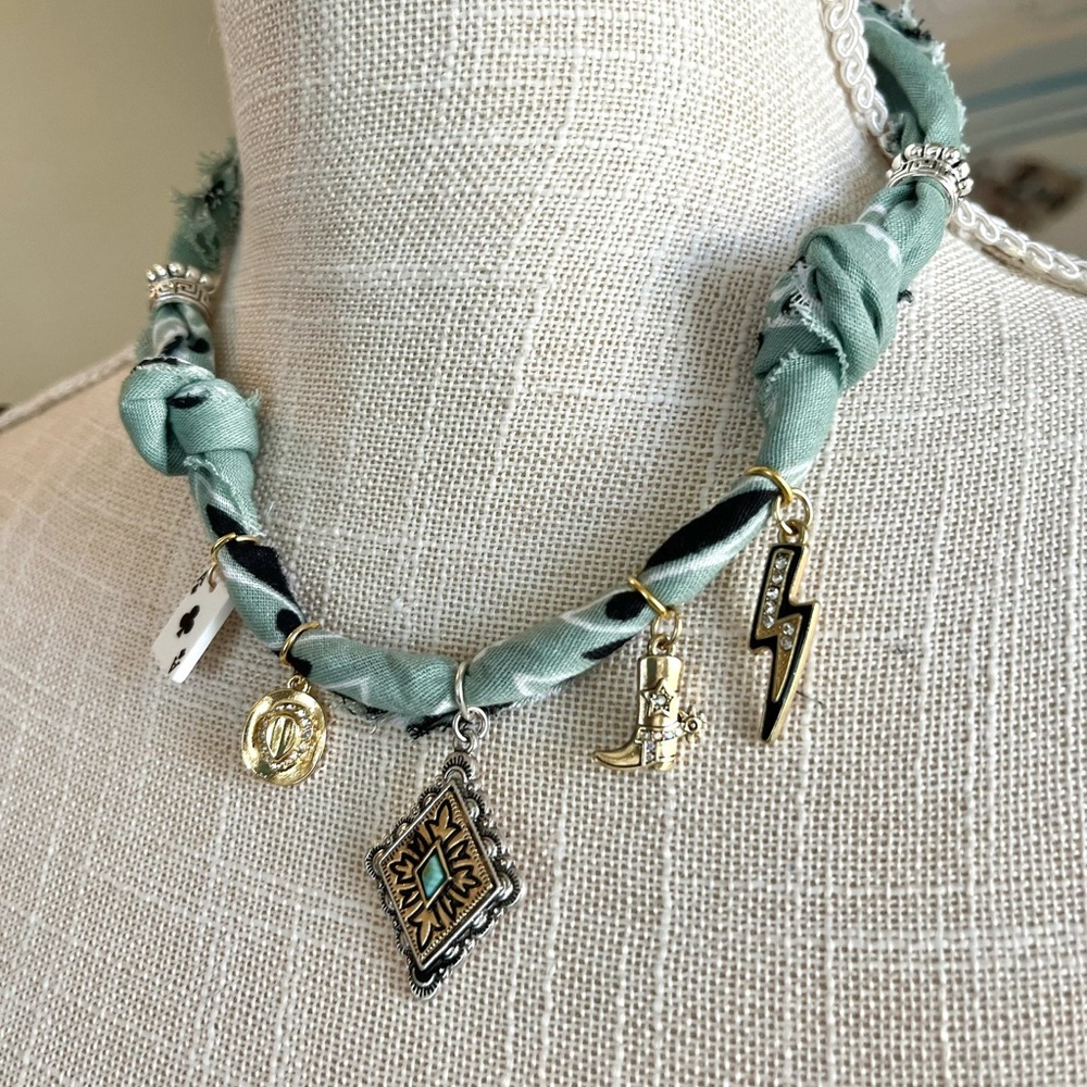 Hand Crafted Bandana sage green necklace Lightening Cowboy 5 Charms handmade